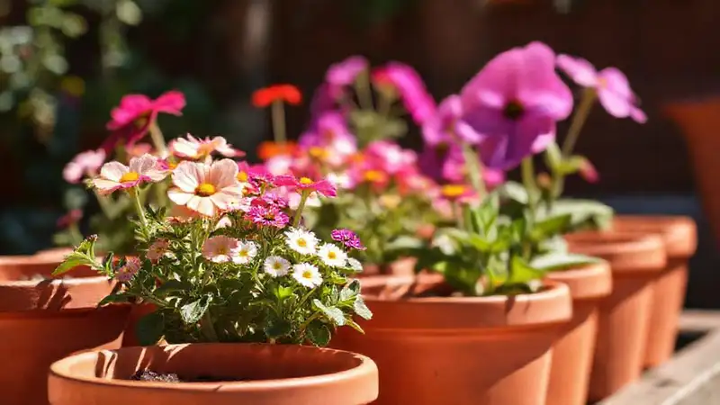 Jardinería serena con flores en terracota